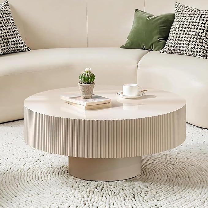Handmade Round Fluted Drum-Shaped Coffee Table、Rustic Modern Circular Centerpiece for Living Room & Farmhouse Decor、Easy to Clean (A Off White 30.9 in)