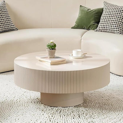 Handmade Round Fluted Drum-Shaped Coffee Table、Rustic Modern Circular Centerpiece for Living Room & Farmhouse Decor、Easy to Clean (A Off White 30.9 in)