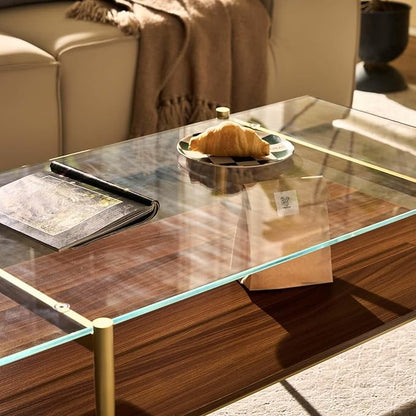 AGV LIGHTING Tadio Large Glass Coffee Table, Mid-Century Modern Coffee Table for Living Room, Gold Finish Leg, Clear Glass Top & Walnut Brown Shelf, 47 in
