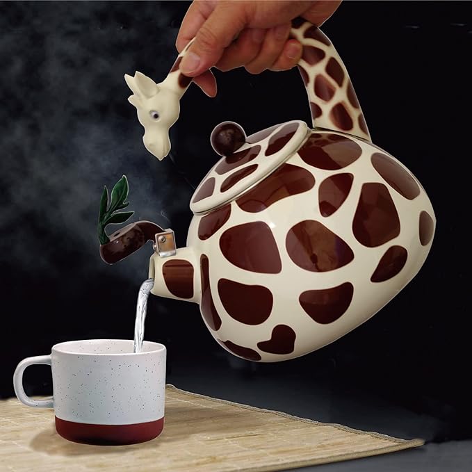 UPware Giraffe Enamel on Steel Whistling Tea Kettle, Cute Animal Teakettle, 2.1 Quart