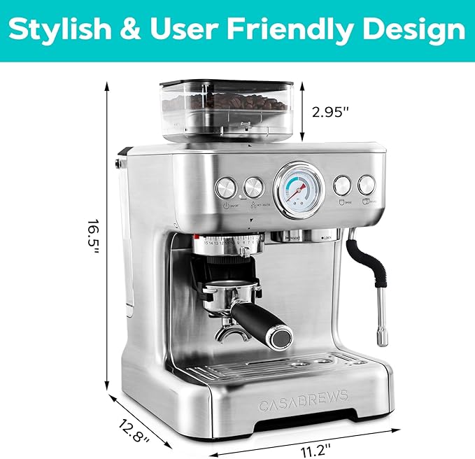 CASABREWS 5700Gense Espresso Machine with Grinder, Barista-Style Cappuccino Maker with Milk Frother Steam Wand, Professional Coffee Maker with Removable Water Tank for Cappuccinos and Lattes