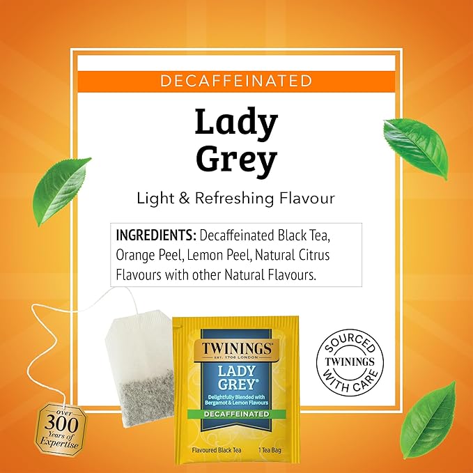 Twinings Decaffeinated Lady Grey Black Tea Individually Wrapped Bags, 20 Count (Pack of 1), Orange Peel & Lemon Peel, Enjoy Hot or Iced, 20 Teabags