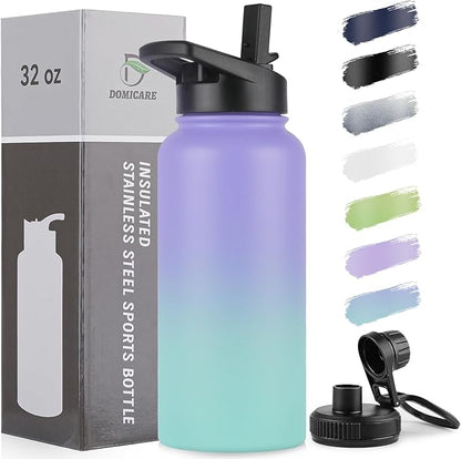 DOMICARE 32 oz Insulated Water Bottle, Vacuum Insulated Stainless Steel Sports Water Bottle with Straw Lid & Spout Lid, Leakproof, Reusable - Travel, Camping, Bike, Purple Green Gradient