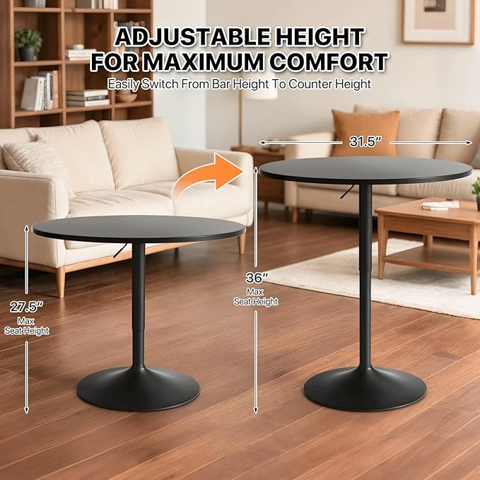 Magshion 31" Round Bar Table Height Adjustable 26"-35" Pub Table with Enlarged Base for Living Room Patio Bistro Café, Black
