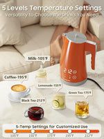 Load image into Gallery viewer, Temperature Control Electric Kettle, 5 Temp Presets, 2H Keep Warm, 1.25L 1200W Fast Boil with LED Display, Cool-Touch Design with Auto Shut-Off, Cordless Design (Orange)