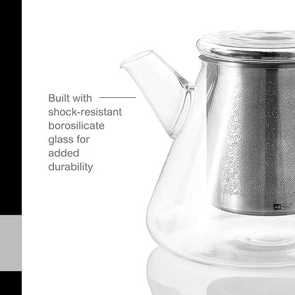 AdHoc Orient+ Glass Teapot - Tea Kettle and Removable Infuser for Loose Leaf Tea - Large Glass Teapot for Stove Top - Small Tea Kettle - 50 fluid oz.