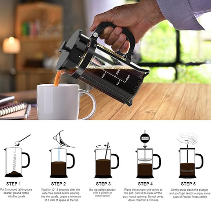 QUQIYSO French Press Coffee Maker 304 Stainless Steel French Press with 4 Filter, Heat Resistant Durable, Easy to Clean, Borosilicate Glass Coffee Press, 100% BPA Free Glass Teapot, 21 ounce, Black