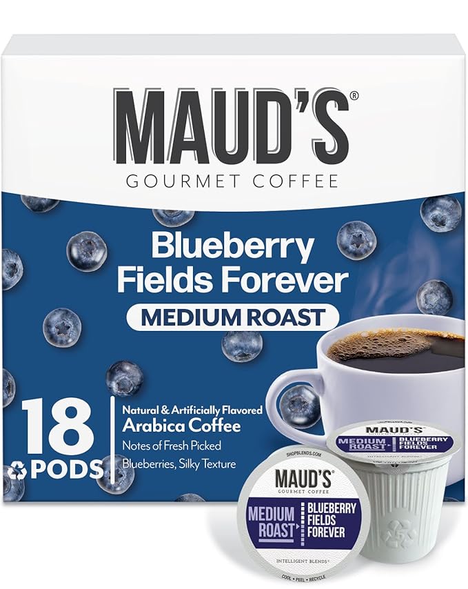 Maud's Blueberry Flavored Coffee Pods, 18 ct, Medium Roast Flavored Coffee in Recyclable Single Serve Pods – 100% Arabica Beans, Compatible with Keurig K Cups Maker