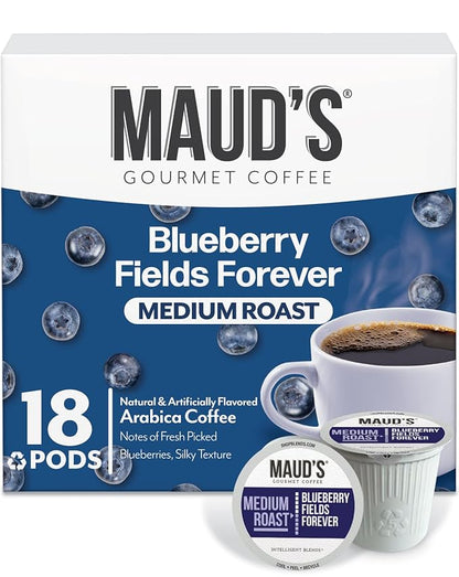 Maud's Blueberry Flavored Coffee Pods, 18 ct, Medium Roast Flavored Coffee in Recyclable Single Serve Pods – 100% Arabica Beans, Compatible with Keurig K Cups Maker
