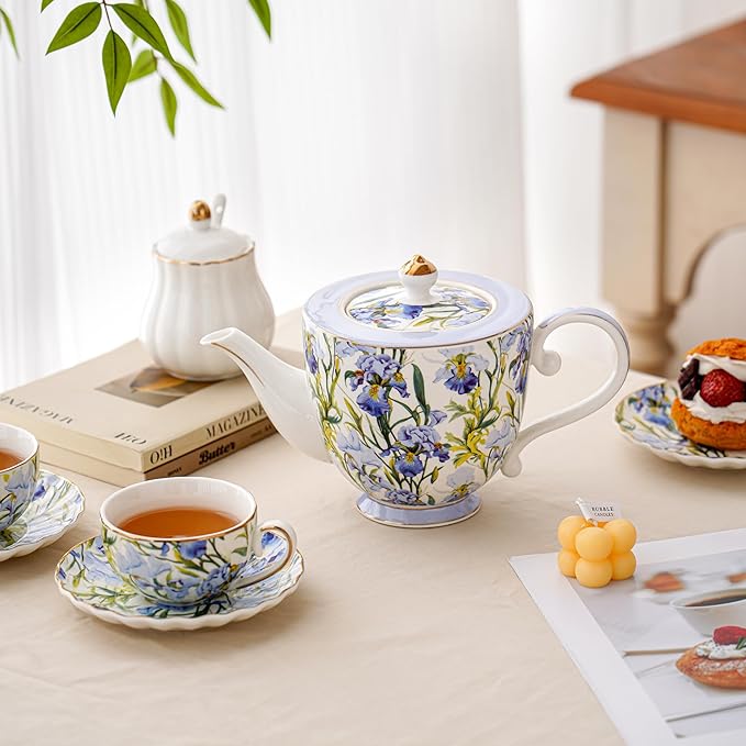 Flower Ceramic Teapot，28.7oz Blue Flower Teapot for Tea Party, Women's Gathering, Family Gathering (Blue)