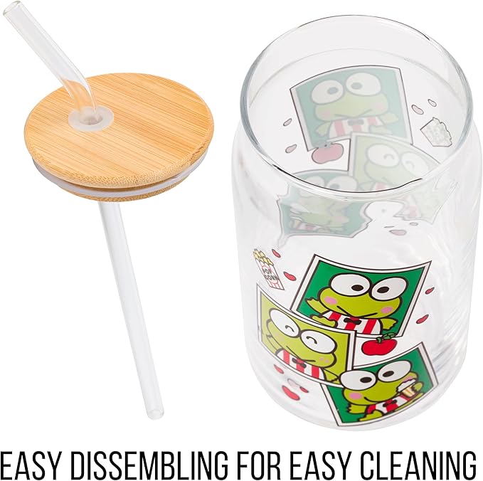 Silver Buffalo Sanrio Hello Kitty and Friends Keroppi Polaroids Glass Jar Tumbler with Bamboo Lid and Glass Straw, 16 Ounces