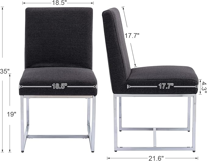 CIMOTA Black Modern Dining Chairs Set of 2, Upholstered Dining Room Chairs Armless Guest Side Chair with Chrome Base for Dining Room/Kitchen, Charcoal Black, 2PCS