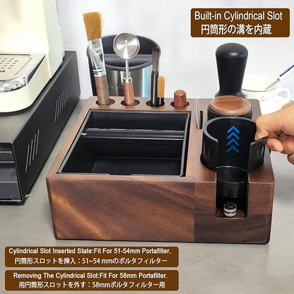 Espresso tamping station and knock box,Wooden portafilter holder,Espresso organizer station box,Tamping station fit for storage 51/54/58mm coffee accessories,Multifunctional espresso station