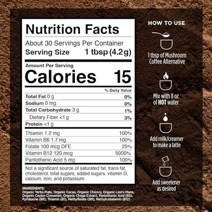 VitaCup Mushroom Coffee Alternative Instant Drink Mix | Mushroom Coffee Substitute for Natural Energy & Focus | Lion’s Mane, Yerba Mate, & Chaga | Cacao, Cinnamon, & B Vitamins | 3 Bags, 90 Servings