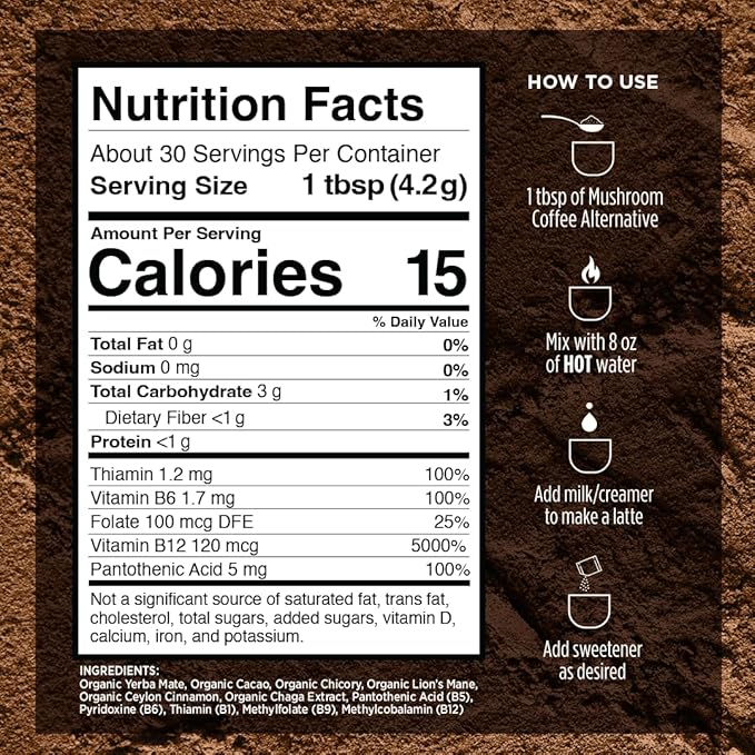 VitaCup Mushroom Coffee Alternative Instant Drink Mix | Mushroom Coffee Substitute for Natural Energy & Focus | Lion’s Mane, Yerba Mate, & Chaga | Cacao, Cinnamon, & B Vitamins | 2 Bags, 60 Servings