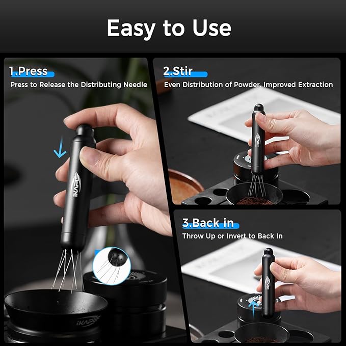 IKAPE Retractable Coffee WDT Tool, One-Press Release Espresso Stirrer Distribution Tool, 0.4mm 8 Adjustable Needles, Even Coffee Grounds Distribution with Stand & Extra Needles