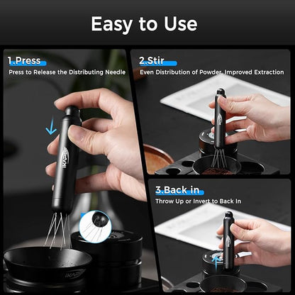 IKAPE Retractable Coffee WDT Tool, One-Press Release Espresso Stirrer Distribution Tool, 0.4mm 8 Adjustable Needles, Even Coffee Grounds Distribution with Stand & Extra Needles
