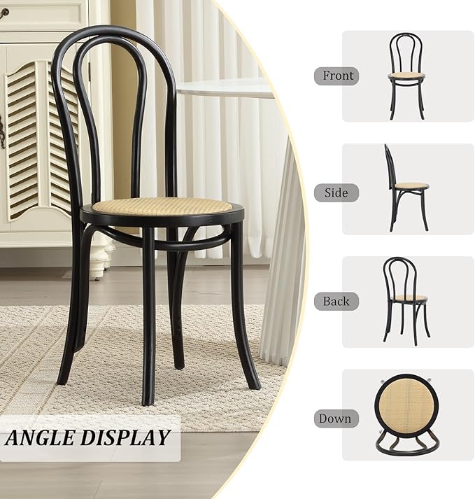 Kmax Vintage Dining Chairs Set of 6, Thonet Soild Wood Rattan Dining Room Chairs Armless French Country Kitchen Chairs for Wedding Hotel Dessert Shop Cafe Business, Black