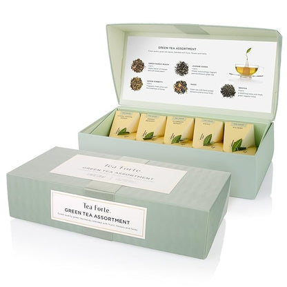Tea Forte Assorted Green Tea Petite Presentation Box Tea Gift Set Sampler, 10 Count, 2 of Each Variety Individually Wrapped Handcrafted Pyramid Infuser Bags