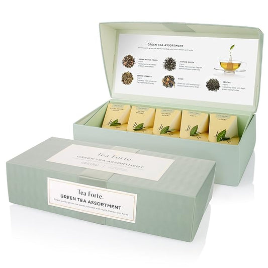 Tea Forte Assorted Green Tea Petite Presentation Box Tea Gift Set Sampler, 10 Count, 2 of Each Variety Individually Wrapped Handcrafted Pyramid Infuser Bags