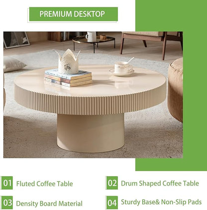 Handmade Wooden Drum Coffee Table、Elegant Round Fluted Wood Coffee Tables、Rustic Modern Circular Centerpiece for Living Room & Farmhouse Decor (A White 30.7in)