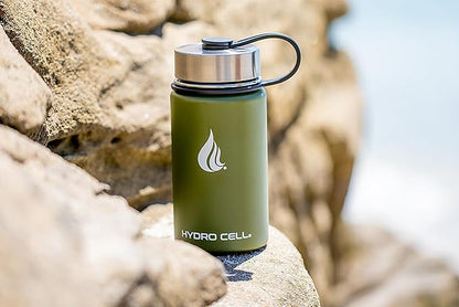 HYDRO CELL Stainless Steel Insulated Water Bottle with Straw - For Cold & Hot Drinks - Metal Vacuum Flask with Screw Cap and Modern Leakproof Sport Thermos for Adults (Army 14oz)