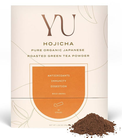 Yu Tea Organic Hojicha Green Tea Powder, Instant Packets | Rich in Antioxidants & EGCG | Pure Japanese Roasted Green Tea | Low Caffeine & Unsweetened Matcha Alternative | Single Serve Sticks, 30 Ct