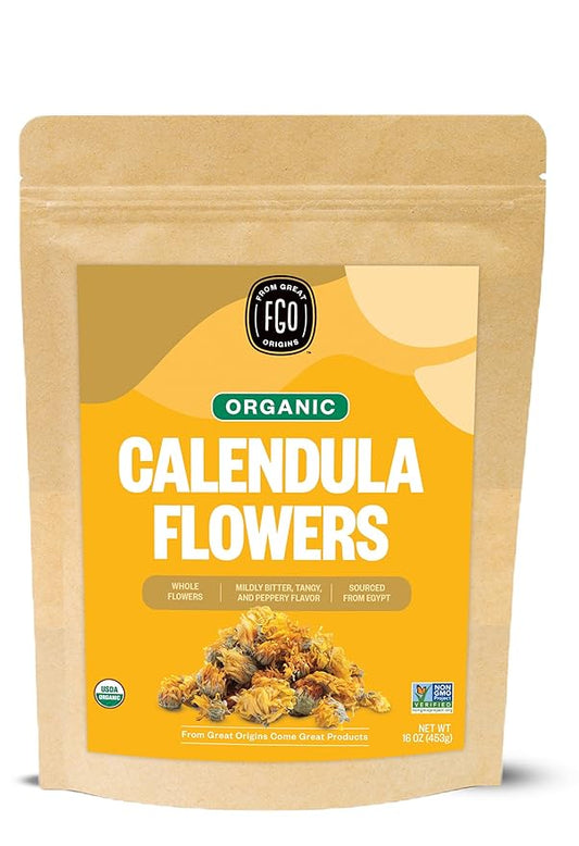 FGO Organic Calendula Flowers, Whole, Imported Calendula Officinalis From Egypt, 16oz Bulk Resealable Pouch, Packaging May Vary (Pack of 1)