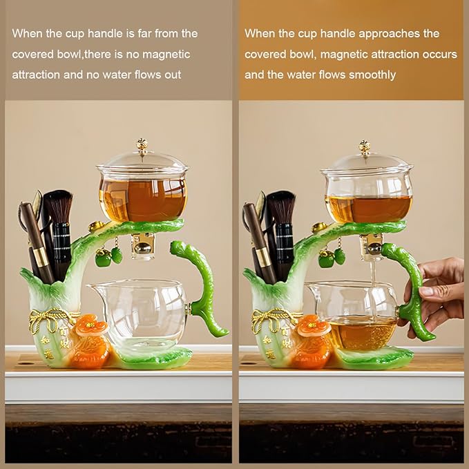 Magnetic Glass Tea Pot, Lazy Kungfu Tea Set, Sturdy High Borosilicate Glass TeaPot, Semi Automatic Drip TeaPot, Magnetic Rotation Heat Resistant Teapot, Suitable for home/office Reception
