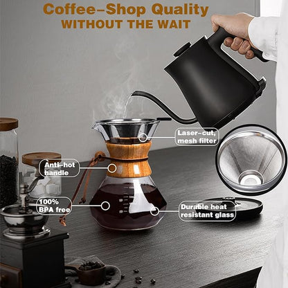 Pour Over Coffee Maker with Reusable Stainless Steel Drip Filter, Lead-Free Borosilicate Glass Coffee Carafe with Modern Wooden Collar for 1-2Cup, Diamond Clear (400ml/13.5oz)
