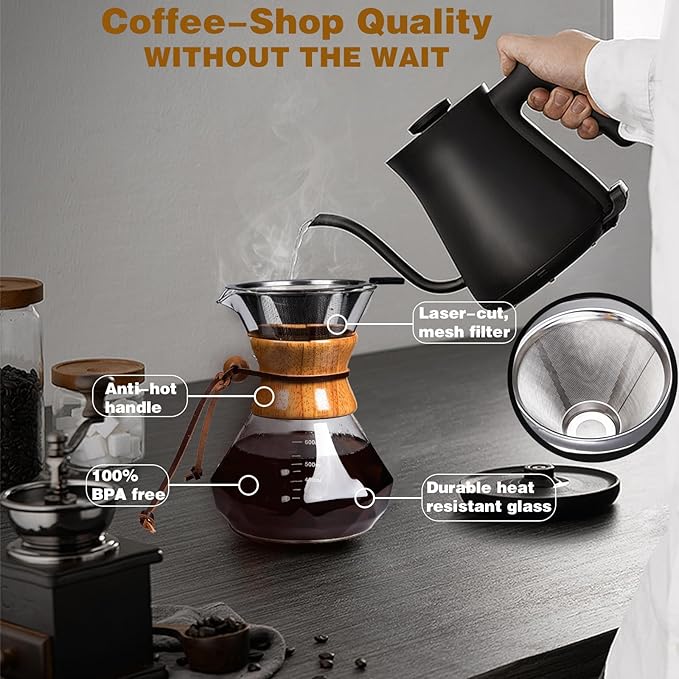 Pour Over Coffee Maker with Reusable Stainless Steel Drip Filter, Lead-Free Borosilicate Glass Coffee Carafe with Modern Wooden Collar for 1-2Cup, Diamond Clear (400ml/13.5oz)