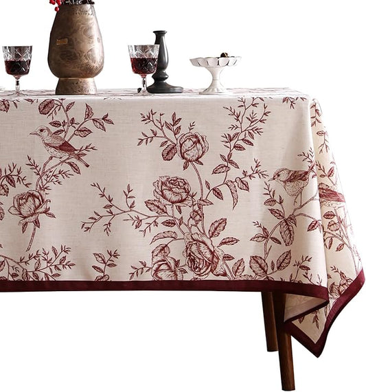 Designer Vintage Linen Square Tablecloth,Red Floral Pattern Linen Stain Resistant Table Cloth,Decor Tablecloths for Dining Thanksgiving Kitchen Christmas Party,67"*67"-Harmony