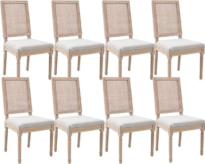 CIMOTA Farmhouse Dining Chairs Set of 8, French Rattan Dining Room Chairs with Rectangle Back/Distressed Wood Upholstered Vintage Side Chairs for Kitchen/Restaurant, Linen Beige/8PCS