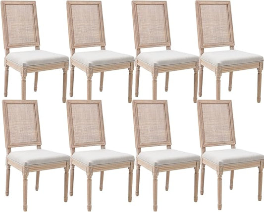 CIMOTA Farmhouse Dining Chairs Set of 8, French Rattan Dining Room Chairs with Rectangle Back/Distressed Wood Upholstered Vintage Side Chairs for Kitchen/Restaurant, Linen Beige/8PCS