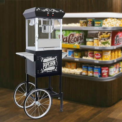 Vintage Popcorn Machine with Cart, 8oz Popper Stainless-Steel Kettle & Warming Light, Makes Up to 32 Cups, Ideal for Family Gatherings, Movie Theaters & Amusement Parks, Black