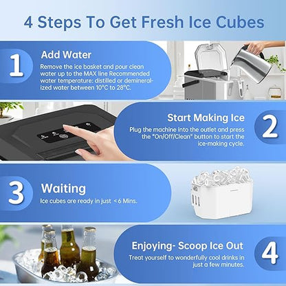 WIE Stainless Steel Ice Maker, Self-Cleaning Ice Maker Machine, 12kg/24H, 2 Sizes 9 Ice Cube Ready in 6 Mins Ice Machine with Handle, Scoop & Basket, 1.5L Ice Cube Maker for Home/Kitchen/Office/Bar