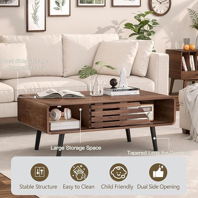 Mid Century Modern Coffee Table - Coffee Table for Living Room, 39.4" Fluted Design with Sliding Door Storage & Open Shelves, Wood Construction, Walnut