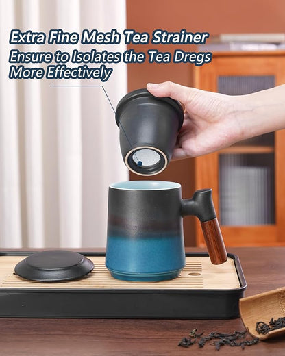 ZENS Gradient Blue Tea Cup with Infuser and Lid, 14.5oz Wood Handle Tea Mug, Loose Leaf Tea Steeper & Strainer, Tea Lovers Gifts