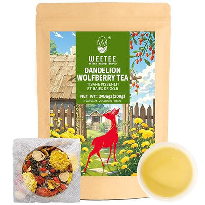 WT WEETEE Dandelion Wolfberry Tea, 10g * 20 Count Corn Firbe Tea Bags, Multiple Brewing, Made from Goji Berry Chrysanthemum Cassia Seed 7 Natural Herbal Ingredients, Wolfberry & Dandelion Herbal Tea