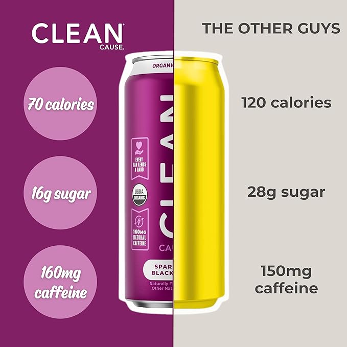 CLEAN Cause Low Calorie Blackberry USDA Organic Sparkling Yerba Mate Tea (16oz cans, 12-Pack Case) Low Sugar, 160mg Caffeine, Healthy Alternative to Soda & Energy Drinks.