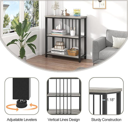 FOLUBAN 3 Tier Bookshelf, Short Bookcase for Small Space, Modern Wooden and Metal Book Shelf for Living Room Bedroom Office (Light Grey Oak)