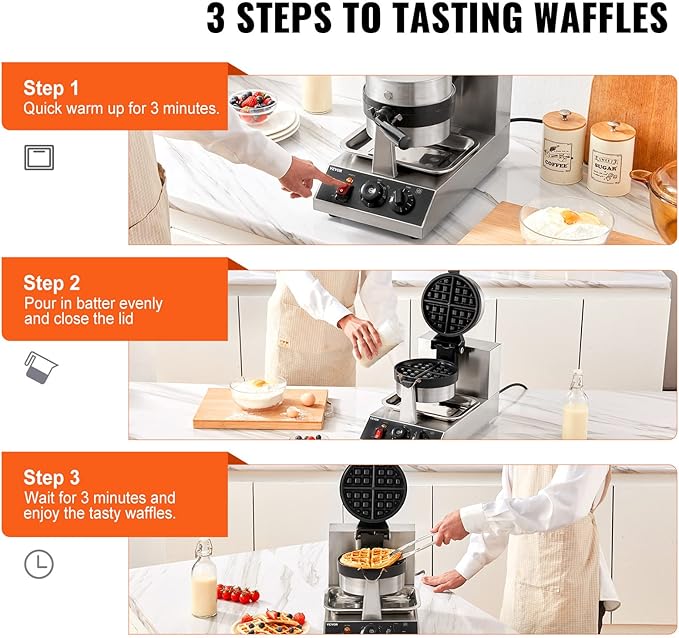 VEVOR Commercial Waffle Maker, 1300W Round Waffle Iron, Non-Stick Rotatable Waffle Baker Machine With 122-572℉ Temp Range and Time Control, Teflon-Coated Baking Pan Stainless Steel Body 120V