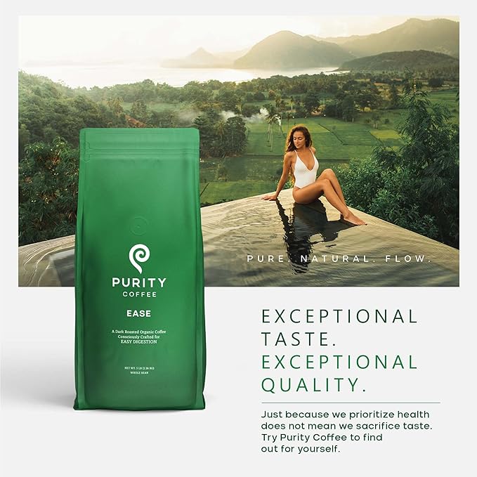 Purity Coffee EASE Dark Roast Low Acid Organic Coffee - USDA Certified Organic Specialty Grade Arabica Whole Bean Coffee - Third Party Tested for Mold, Mycotoxins and Pesticides - 5 lb Bag