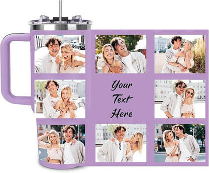 Personalized 40 oz Tumbler with Handle and Straw, Custom Tumbler with Picture, Text, Stainless Steel Travel Coffee Mug Cup, Personalized Gifts For Women Men Birthday Anniversary Thank You Gifts