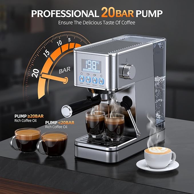Espresso Machine, 20Bar Compact Stainless Espresso Maker, With Milk Frother Steam Wand, 57.5OZ Water Tank, Displays Making Time & Water Temperature, Cold Brew, Silver (2025 updated model)