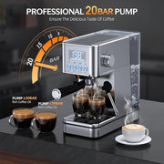 Espresso Machine, 20Bar Compact Stainless Espresso Maker, With Milk Frother Steam Wand, 57.5OZ Water Tank, Displays Making Time & Water Temperature, Cold Brew, Silver (2025 updated model)