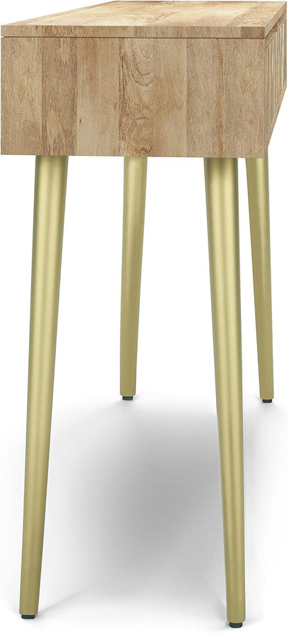 SIMPLIHOME Jager Console Table - 48 Inch Wide Solid Mango Wood Sofa Table in Natural, Mid-Century Modern Storage Table for Entryway or Living Room with 2 Drawers, Brass Inlay, and Gold Metal Legs