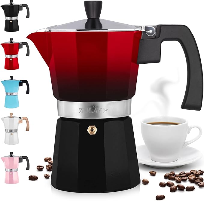Zulay Kitchen Stovetop Espresso Maker - Moka Pot 3 Espresso Cups - Percolator Coffee Maker for Classic Cuban & Italian Style Espresso - Portable Coffee Maker for Camping & Travel - (Red/Black)