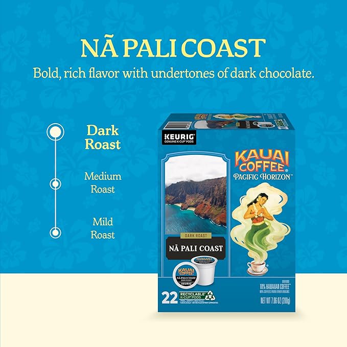 Kauai Coffee K-Cup Pods for Keurig Brewers – Arabica Coffee, 10% Hawaiian – Dark Roast, Nutty with Sweet Chocolate Overtones – Na Pali Coast, 1 Pack of 22 Single Serve K-Cups