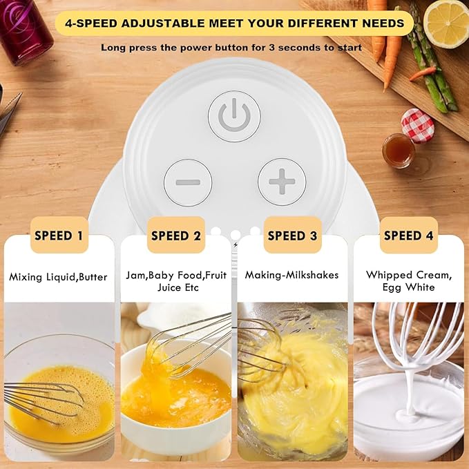 Cordless Hand Mixer with Whisk and Forther Wand,Electric Whisk, Milk Frother,Coffee Frother, Whisks for Cooking,Handheld Frother,Food Chopper, Baby Food Maker,4-Speed, 10Oz